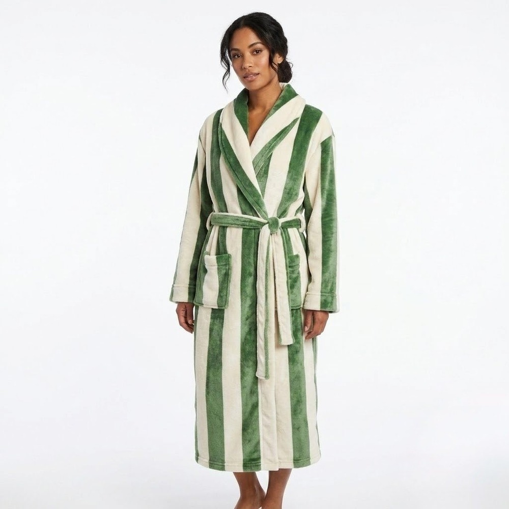 NEW Chelsea Peers Striped Robe Womens Medium Green Cream Plush Dressing Gown Lux